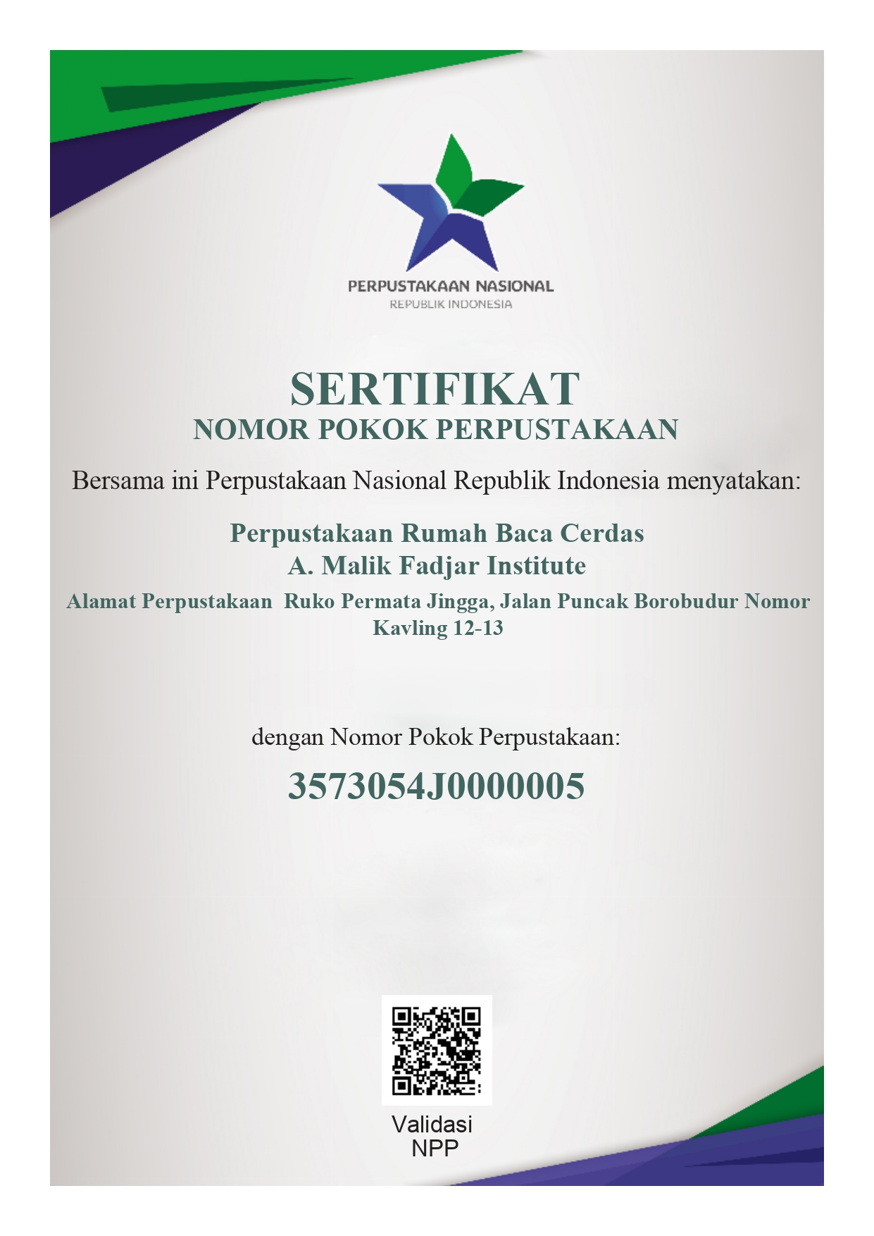 Sertifikat Nomor Pokok Perpustakaan